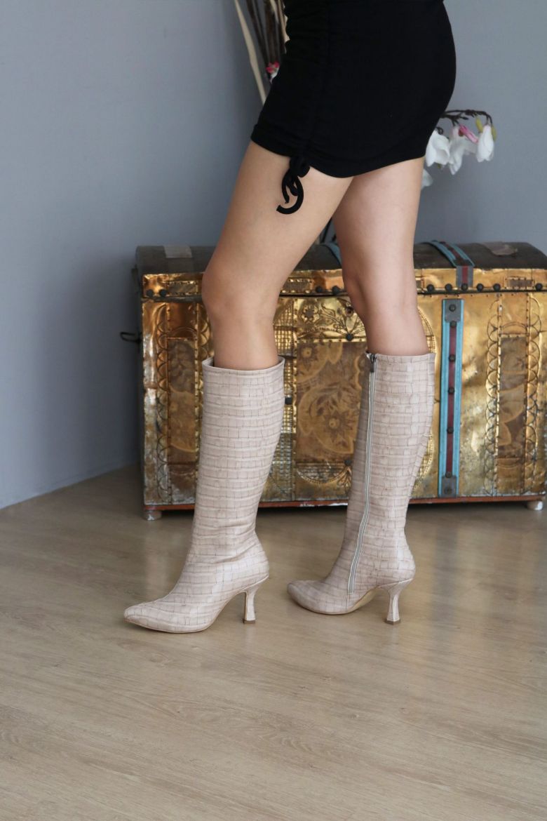 Fermuarlı Sivri Burun Kroko Ince Topuklu Kadın Çizme  TEN  resmi