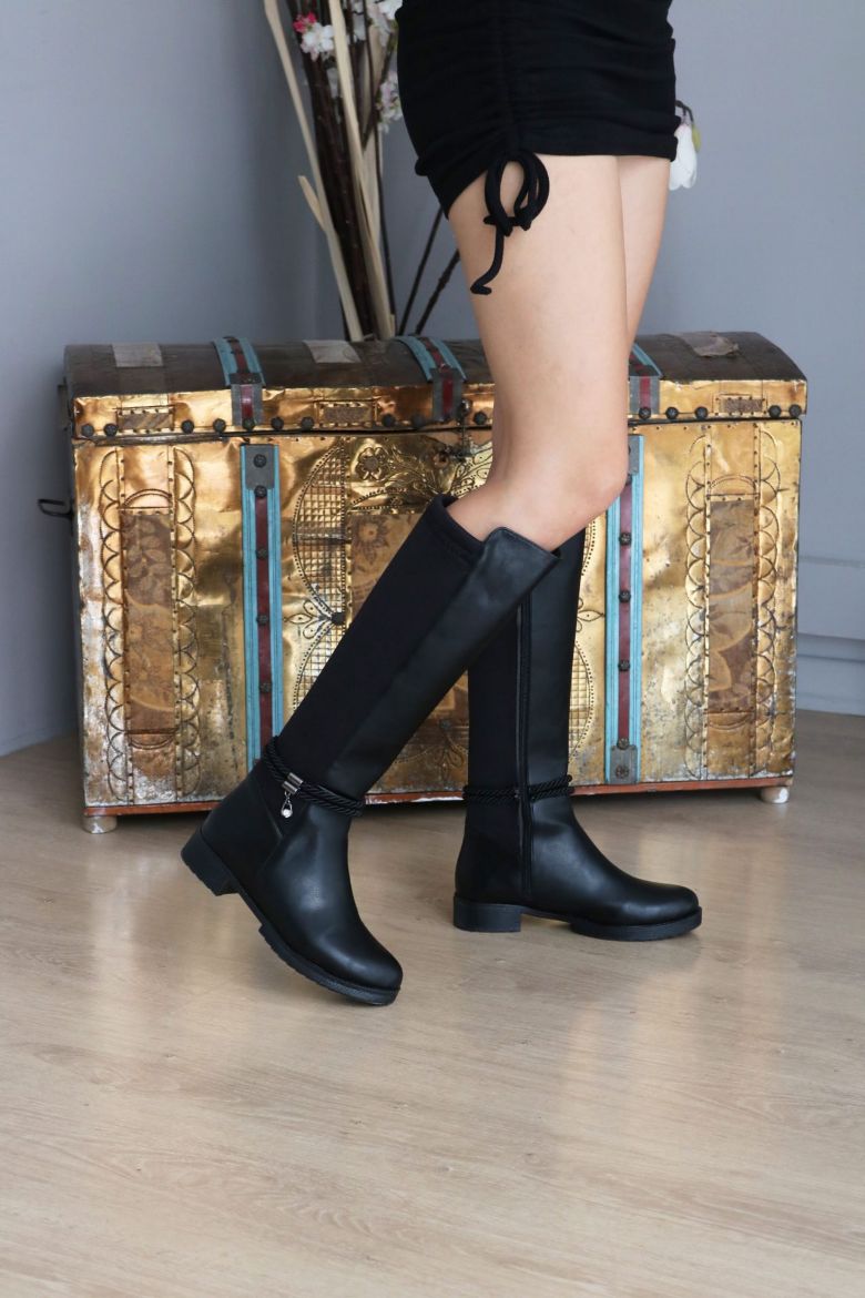 Ip Ve Taş Detaylı Dalgıç Kumaş Esnek Çizme  SİYAH resmi