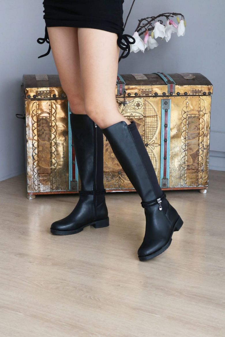 Ip Ve Taş Detaylı Dalgıç Kumaş Esnek Çizme  SİYAH resmi