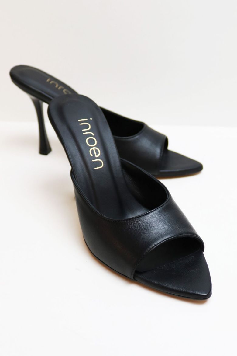 Sivri Burun Hakiki Deri Topuklu Terlik  SİYAH resmi