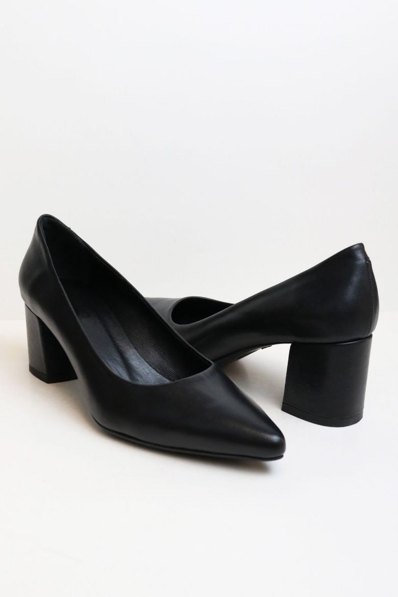 Sivri Burun Hakiki Deri Kısa Kalın Topuklu Kadın Stiletto  SİYAH resmi