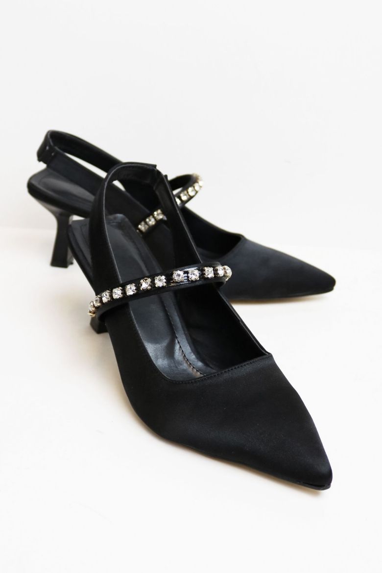 Taş Detaylı Sivri Burun Saten Arkası Açık Kadeh Topuk Stiletto  SİYAH resmi
