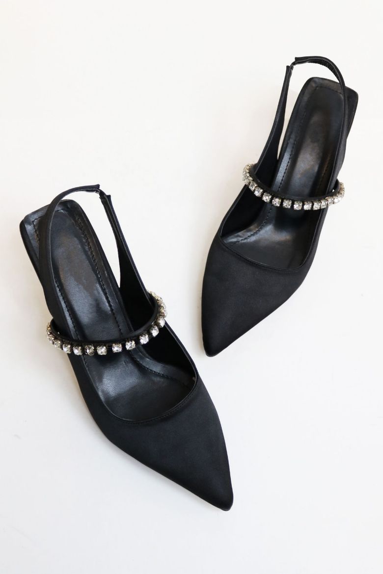 Taş Detaylı Sivri Burun Saten Arkası Açık Kadeh Topuk Stiletto  SİYAH resmi