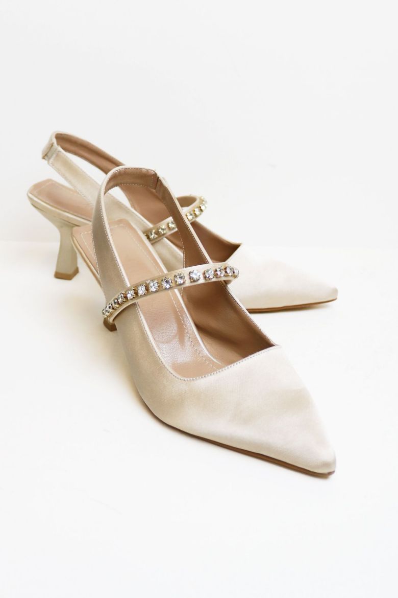 Taş Detaylı Sivri Burun Saten Arkası Açık Kadeh Topuk Stiletto  TEN  resmi