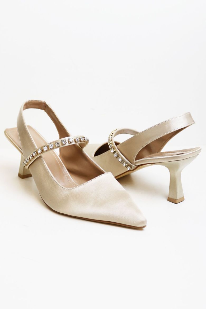 Taş Detaylı Sivri Burun Saten Arkası Açık Kadeh Topuk Stiletto  TEN  resmi