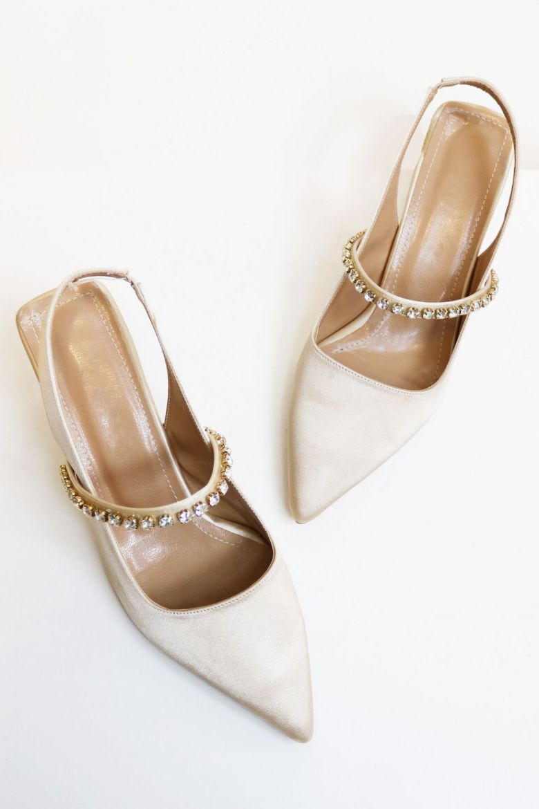 Taş Detaylı Sivri Burun Saten Arkası Açık Kadeh Topuk Stiletto  TEN  resmi