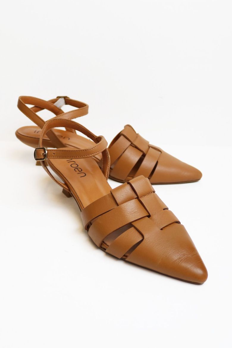 Kemer Detaylı Sivri Burun Hakiki Deri Kısa Topuklu Ayakkabı  TABA resmi