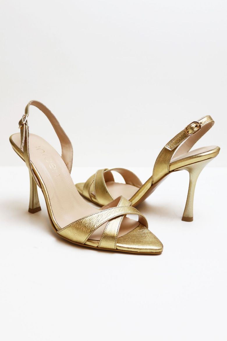 Sivri Burun Çapraz Bantlı Hakiki Deri Topuklu Ayakkabı  GOLD resmi