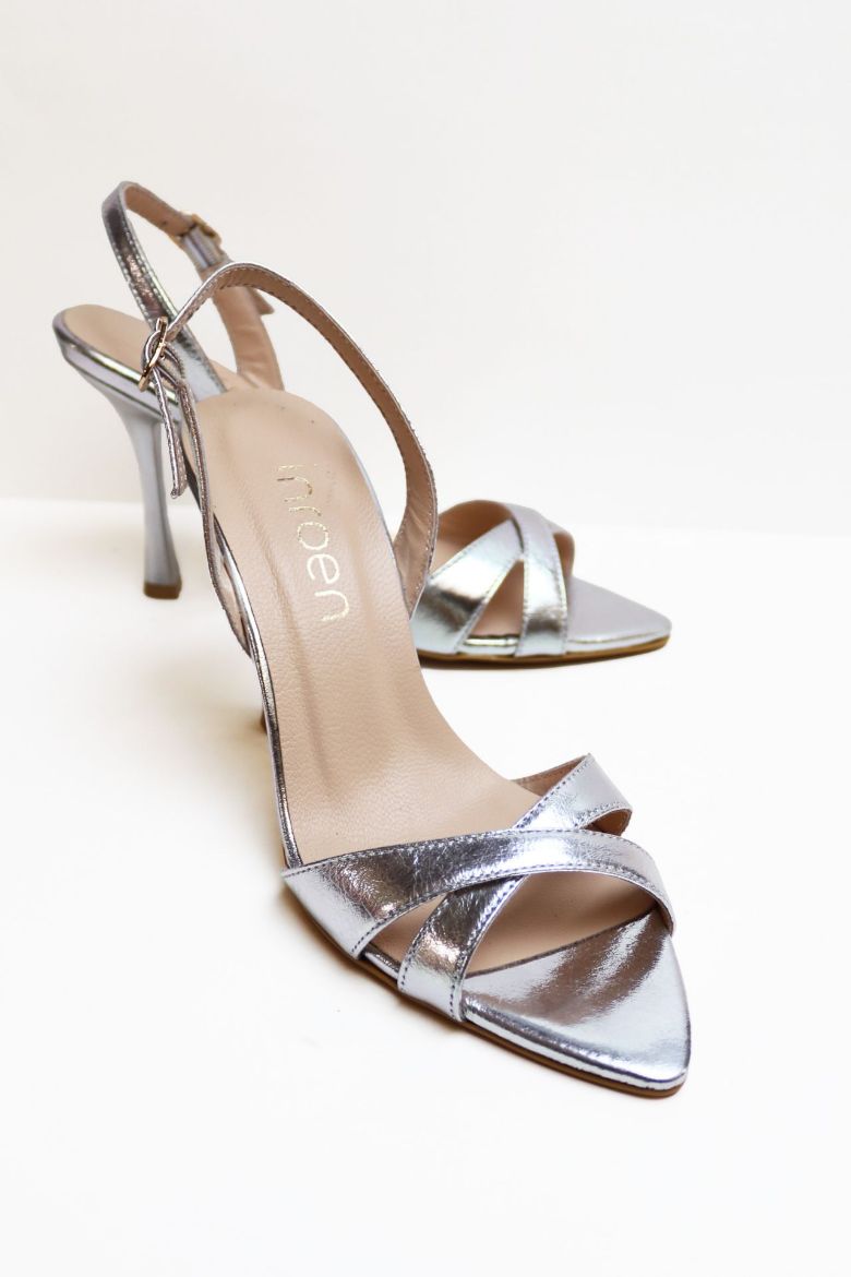 Sivri Burun Çapraz Bantlı Hakiki Deri Topuklu Ayakkabı  GÜMUŞ resmi
