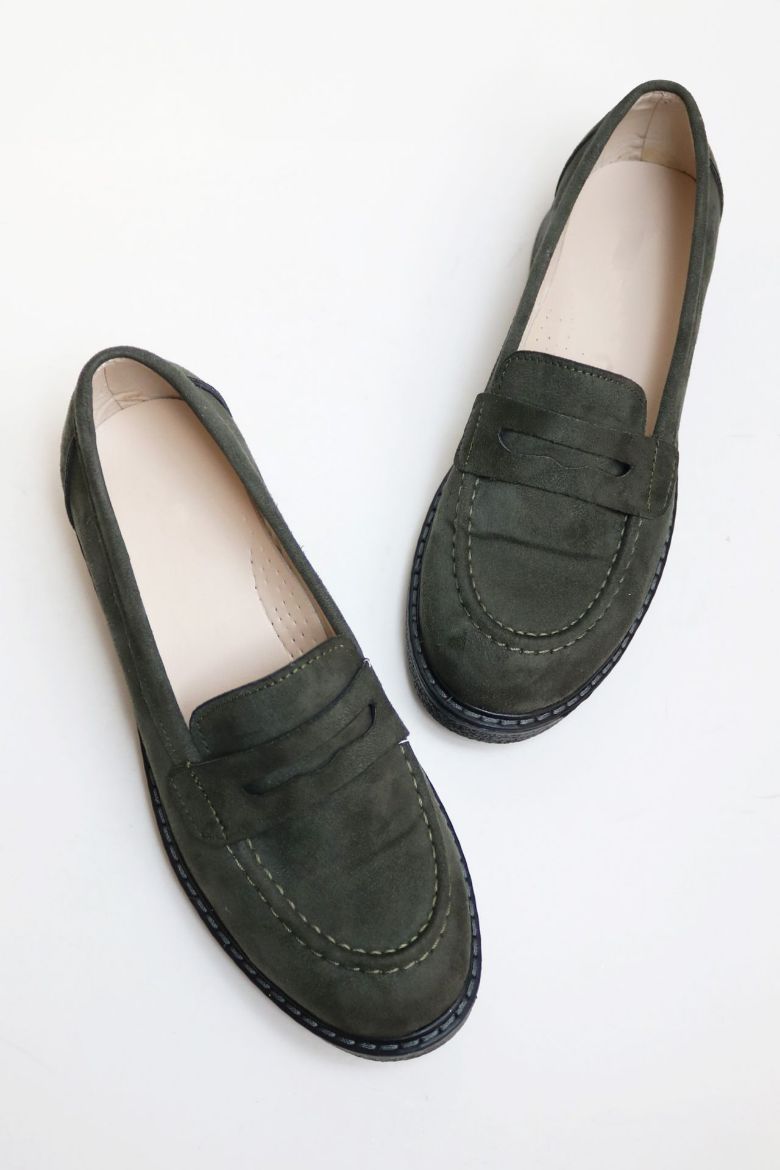 Düz Taban Süet Kadın Loafer  HAKİ resmi