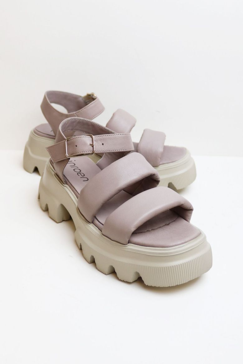 Kemer Detaylı Kalın Taban Hakiki Deri Çift Bantlı Sandalet  VİZON resmi