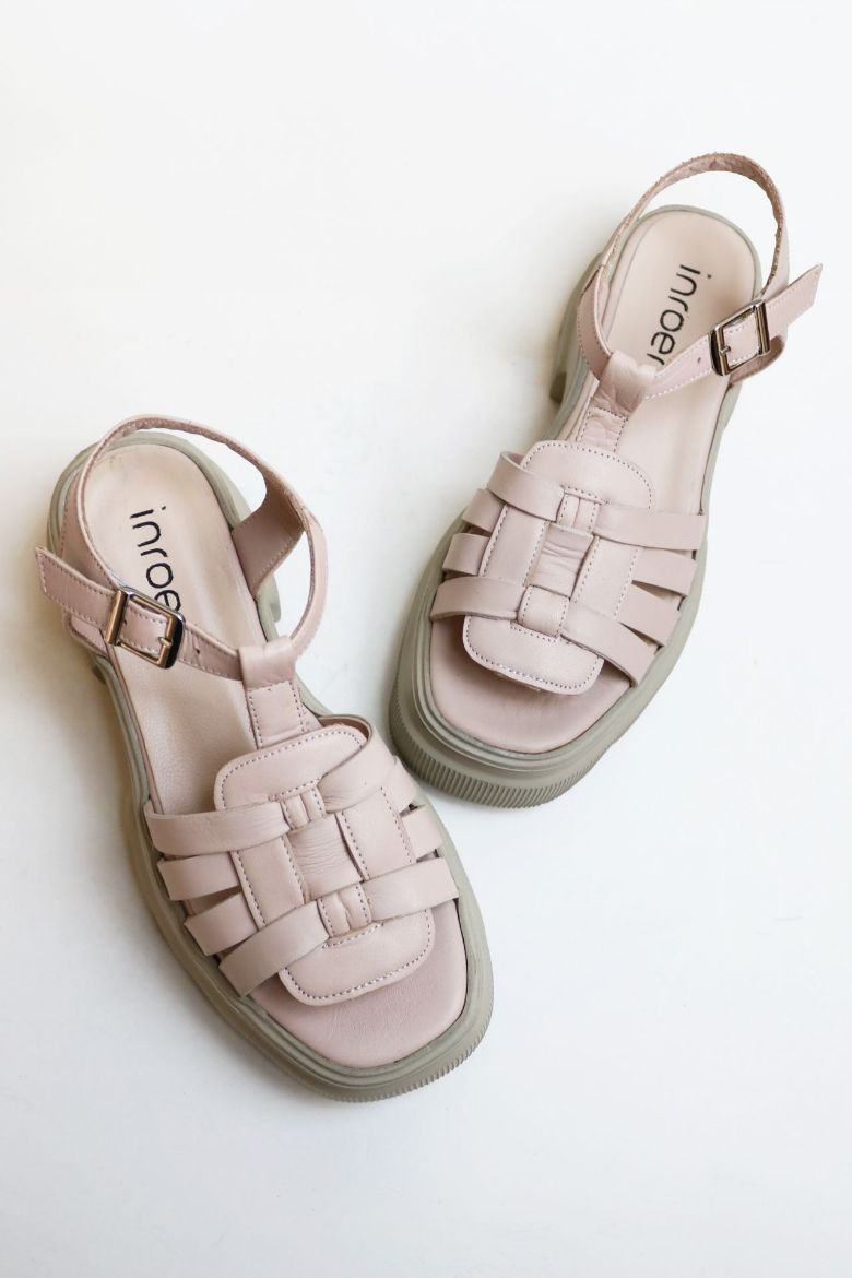 Kemer Detaylı Kalın Taban Hakiki Deri Kadın Sandalet  PUDRA resmi