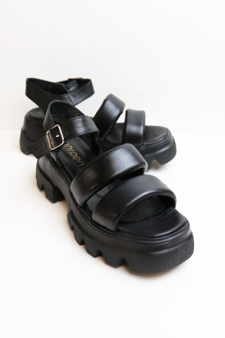 Kemer Detaylı Kalın Taban Hakiki Deri Çift Bantlı Sandalet  SİYAH resmi