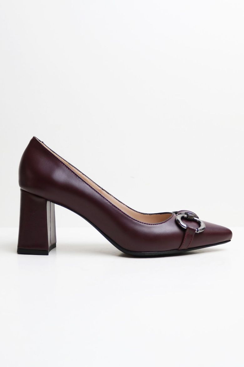  Hakiki Deri Toka Detaylı Topuklu Ayakkabı   BORDO resmi
