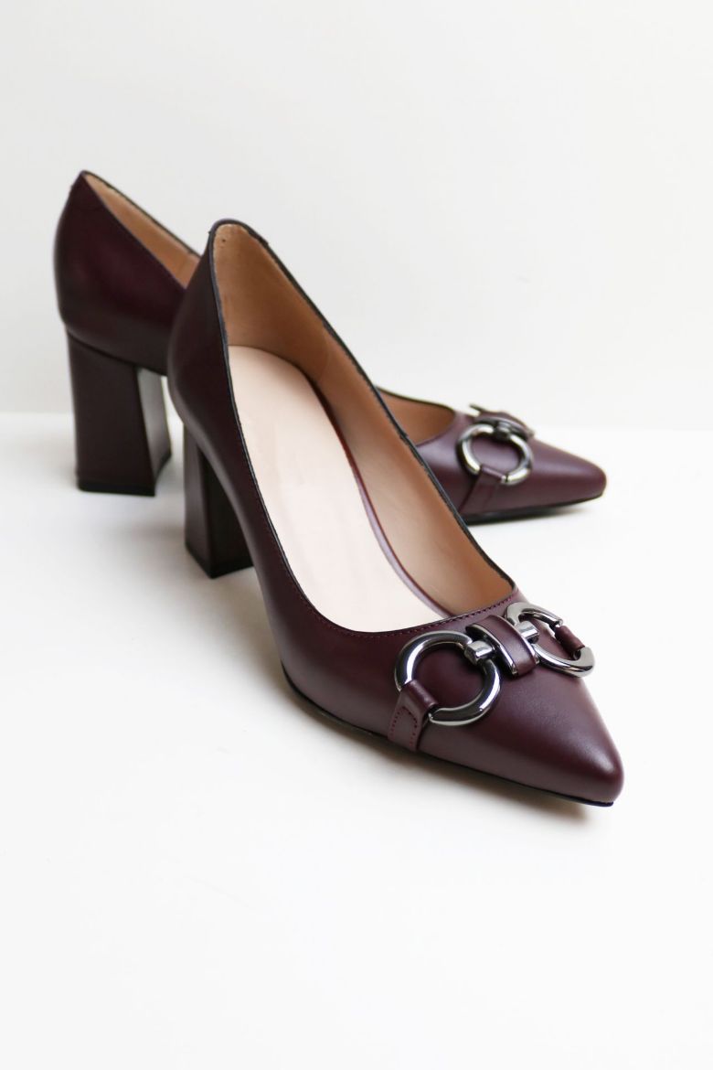  Hakiki Deri Toka Detaylı Topuklu Ayakkabı   BORDO resmi