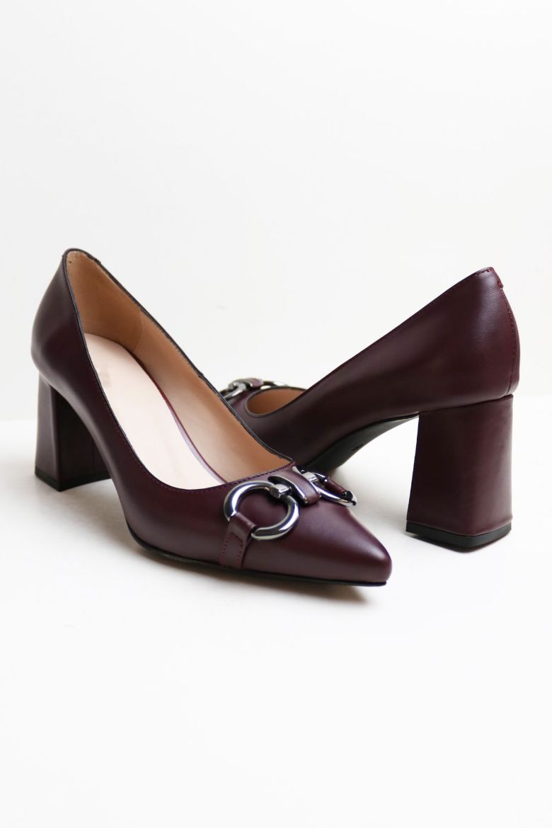  Hakiki Deri Toka Detaylı Topuklu Ayakkabı   BORDO resmi
