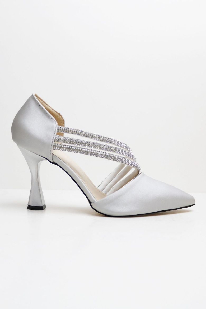 Çapraz Taş Geçişli Sivri Burun Kadeh Topuk Stiletto  GRİ resmi