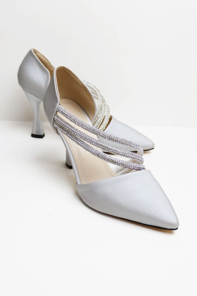 Çapraz Taş Geçişli Sivri Burun Kadeh Topuk Stiletto  GRİ resmi