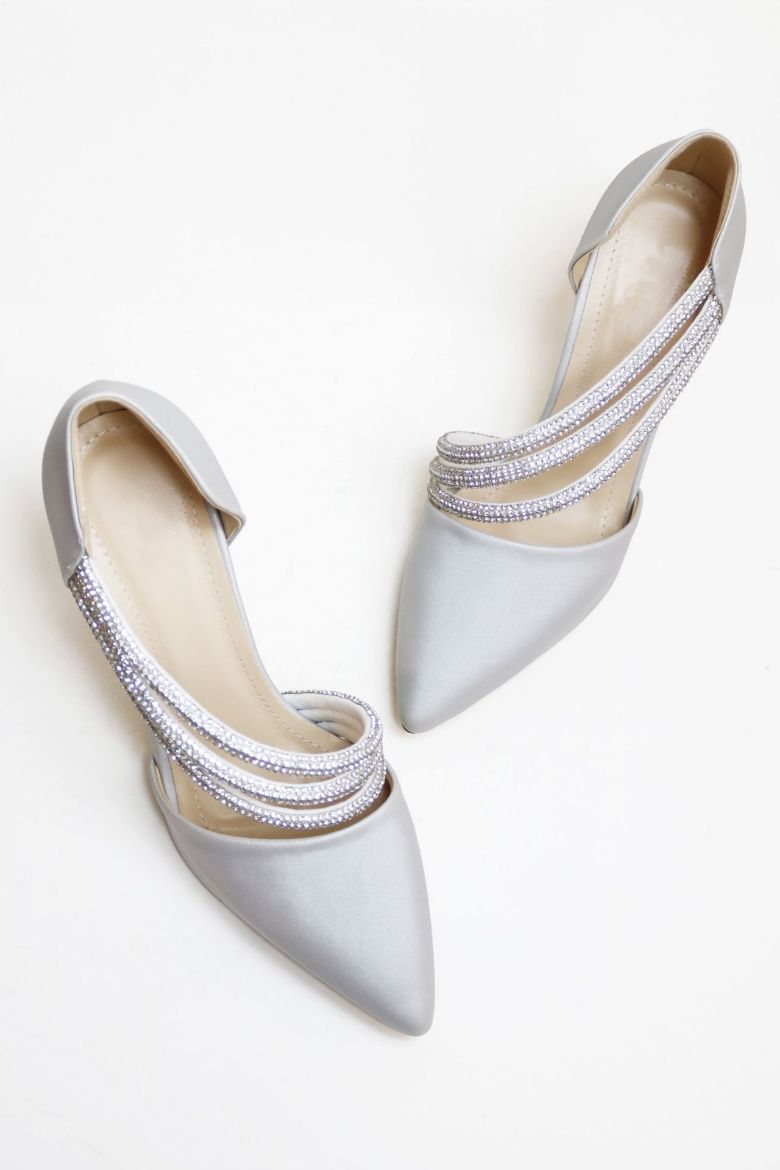 Çapraz Taş Geçişli Sivri Burun Kadeh Topuk Stiletto  GRİ resmi