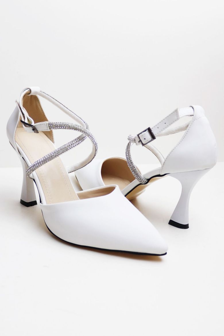 Bilekten Bağlı Sivri Burun Taşlı Kadeh Topuk Stiletto  BEYAZ resmi