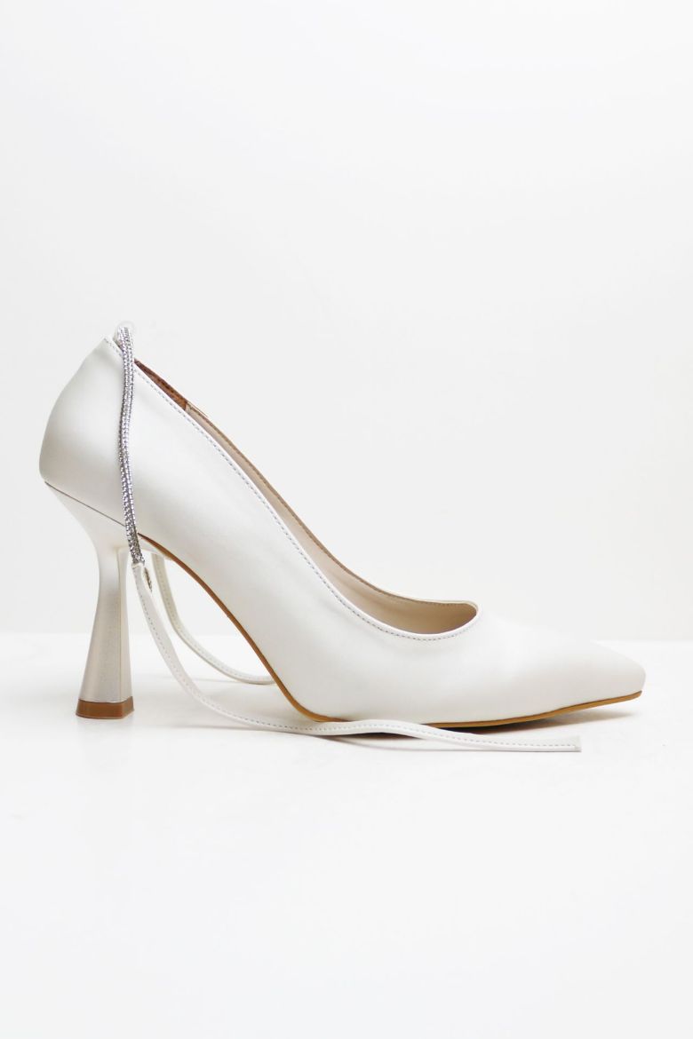 Bilekten Bağlı Sivri Burun Taşlı Kadeh Topuk Stiletto  BEYAZ resmi