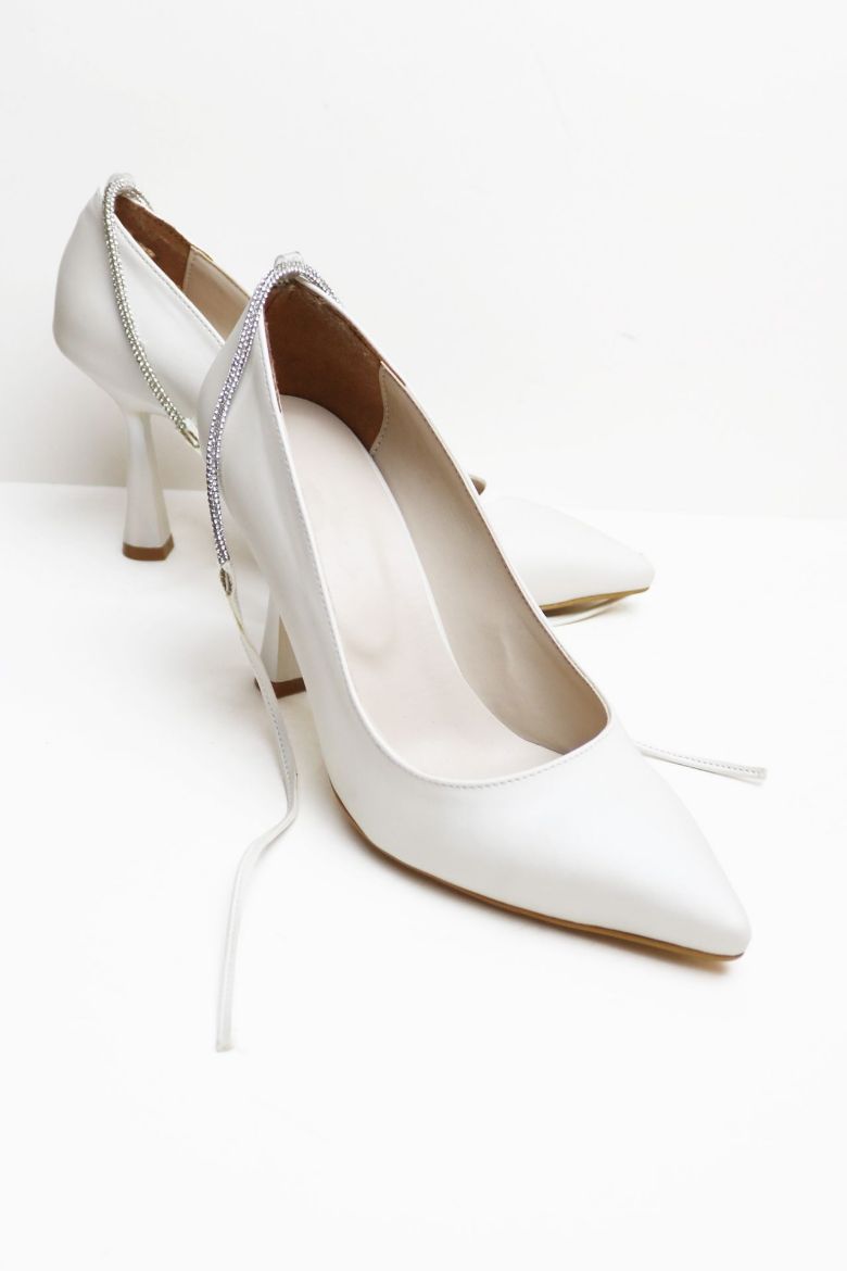 Bilekten Bağlı Sivri Burun Taşlı Kadeh Topuk Stiletto  BEYAZ resmi