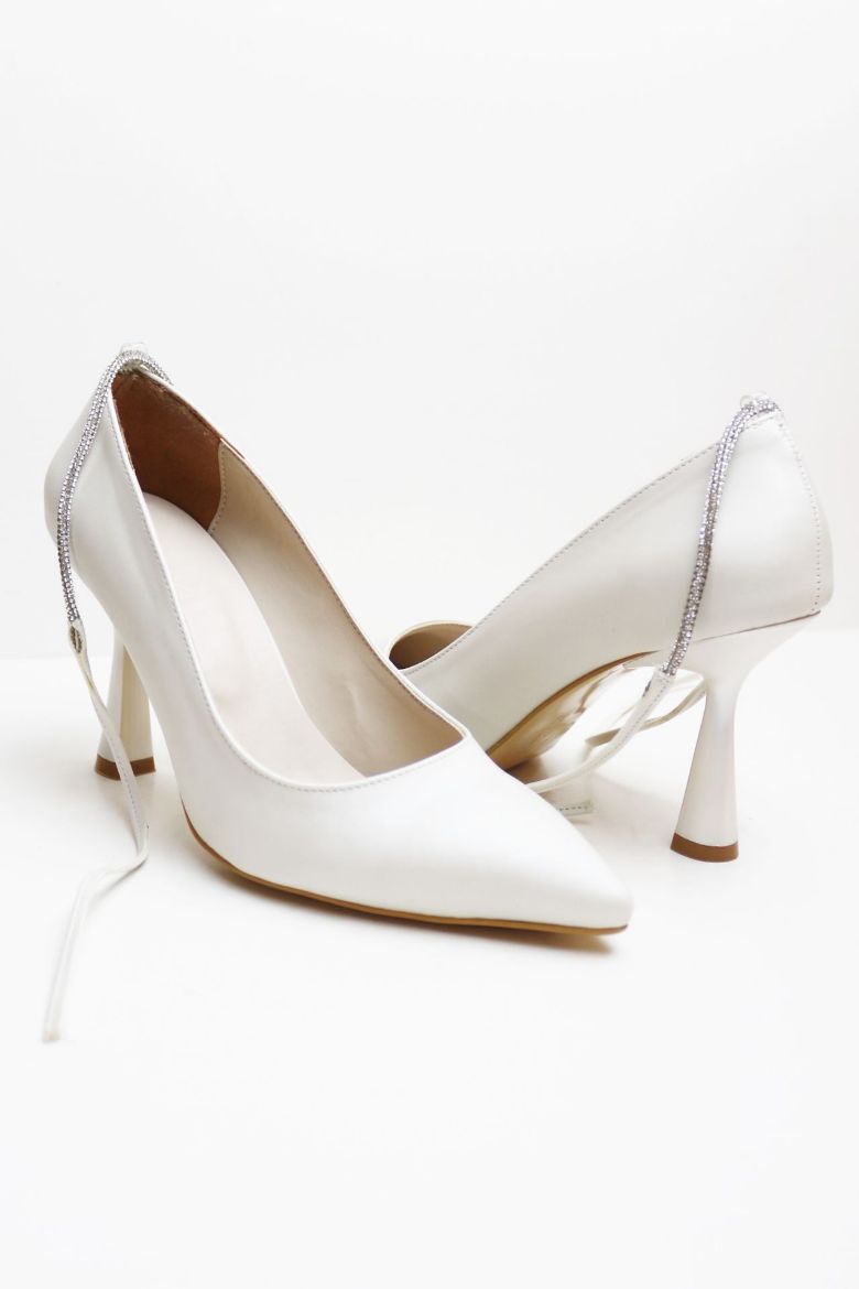 Bilekten Bağlı Sivri Burun Taşlı Kadeh Topuk Stiletto  BEYAZ resmi