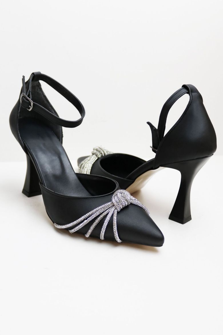 Bilekten Bağlı Taş Geçişli  Kadeh Topuk Stiletto  SİYAH resmi