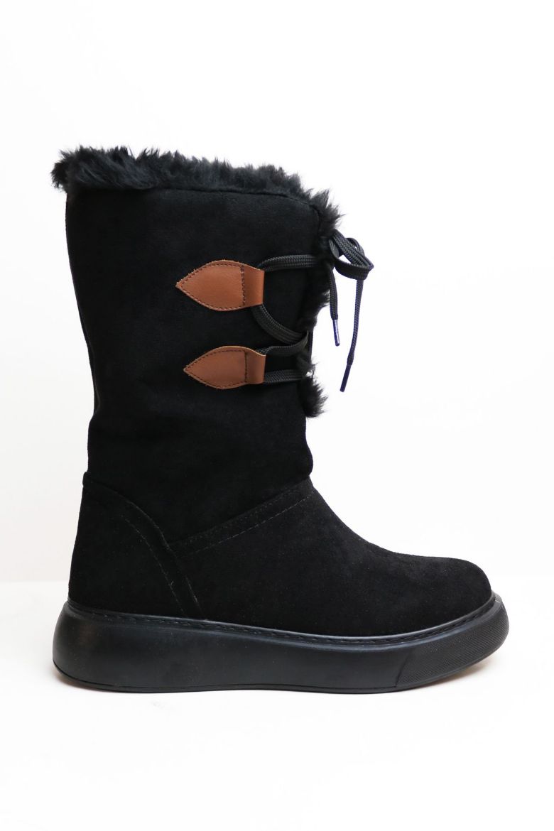 Bağcıklı Kürklü Bilek Üstü Kadın Bot  SİYAH SÜET resmi