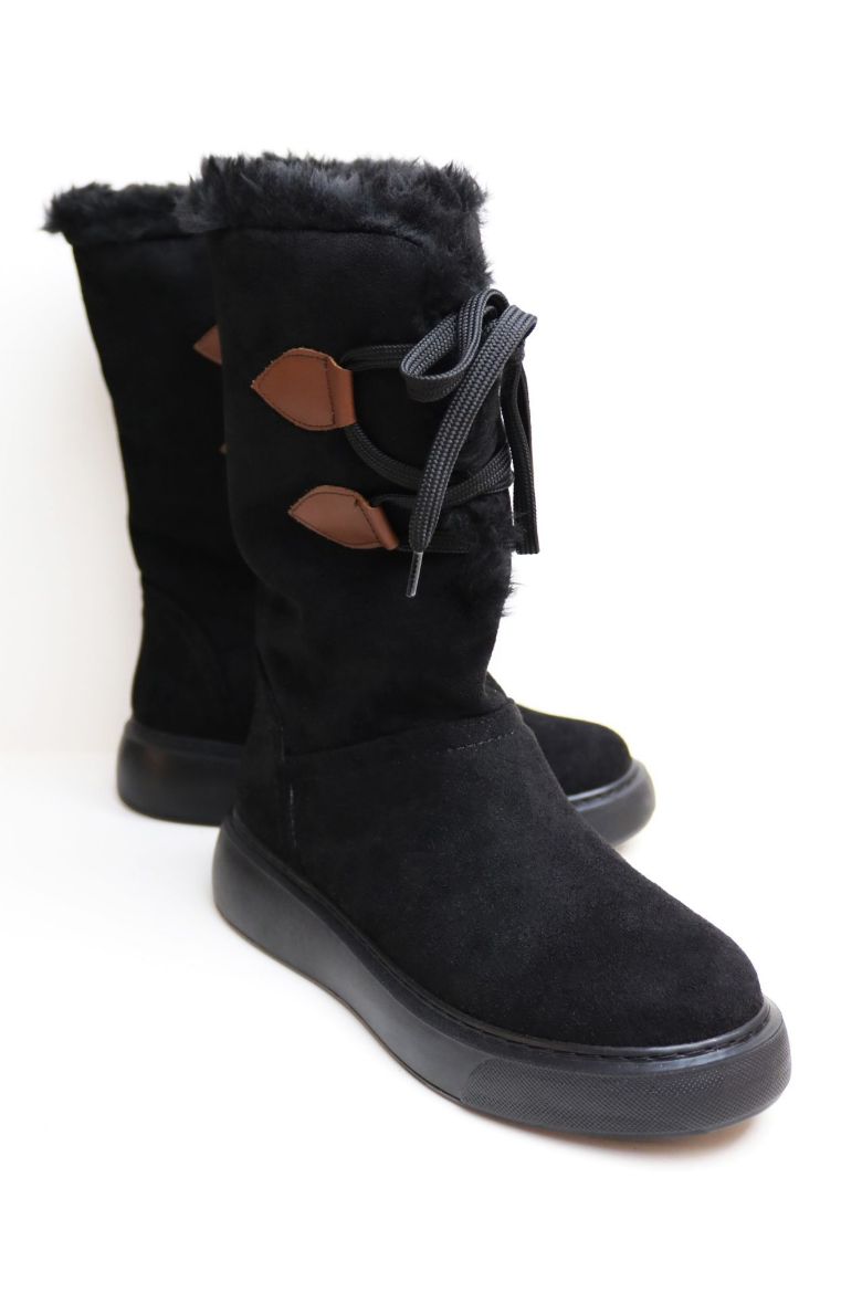 Bağcıklı Kürklü Bilek Üstü Kadın Bot  SİYAH SÜET resmi