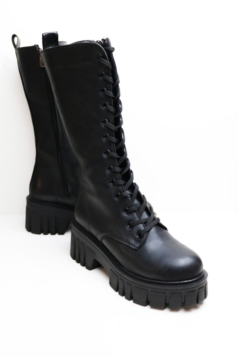 Bağcıklı Kalın Taban Diz Altı Kalın Topuklu Kadın Postal  SİYAH resmi