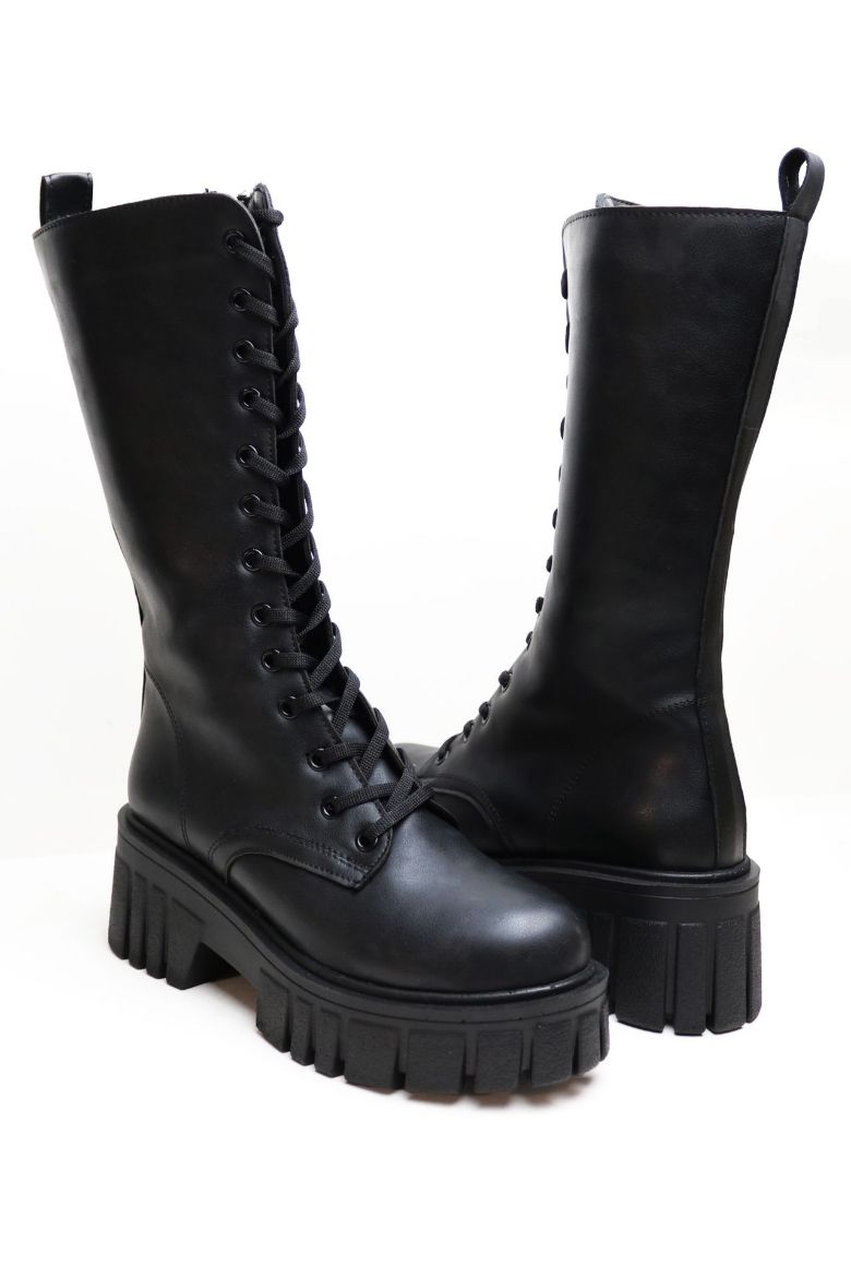 Bağcıklı Kalın Taban Diz Altı Kalın Topuklu Kadın Postal  SİYAH resmi