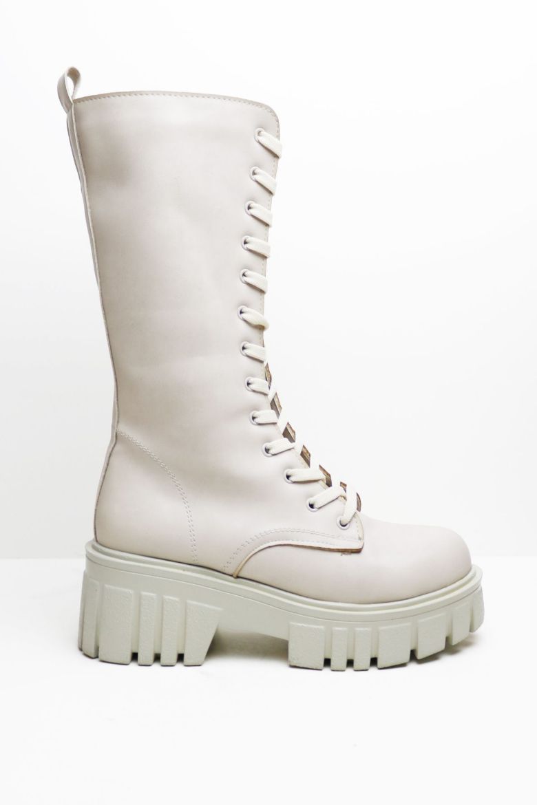 Bağcıklı Kalın Taban Diz Altı Kalın Topuklu Kadın Postal  BEJ resmi