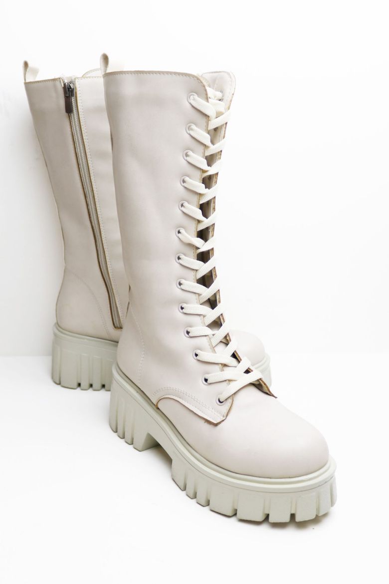 Bağcıklı Kalın Taban Diz Altı Kalın Topuklu Kadın Postal  BEJ resmi