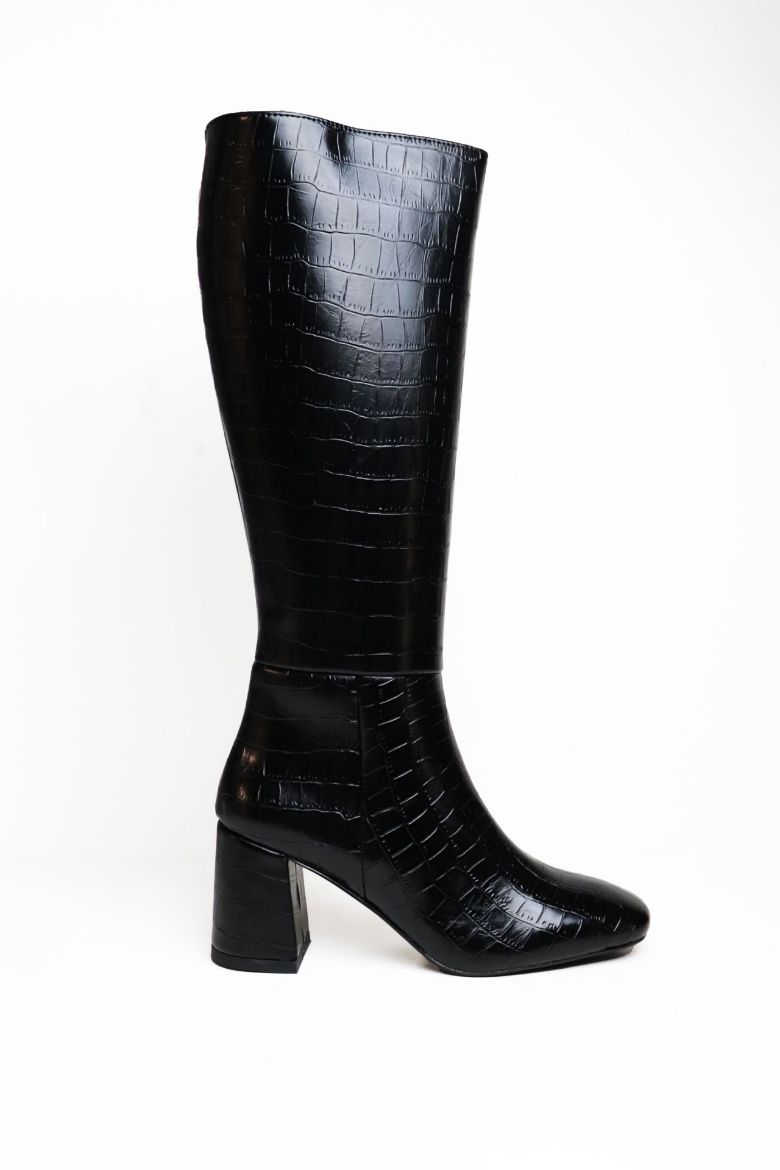 Fermuarlı Yuvarlak Burun Kroko Diz Üstü Kalın Topuklu Çizme  SİYAH resmi