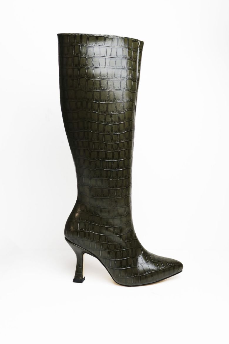 Fermuarlı Sivri Burun Kroko Ince Topuklu Kadın Çizme  HAKİ resmi