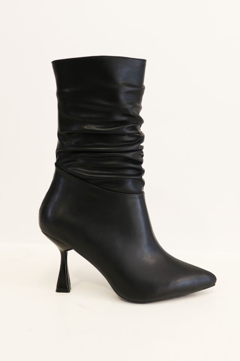 Büzgü Detaylı Sivri Burun Kadeh Topuklu Kadın Bot  SİYAH resmi