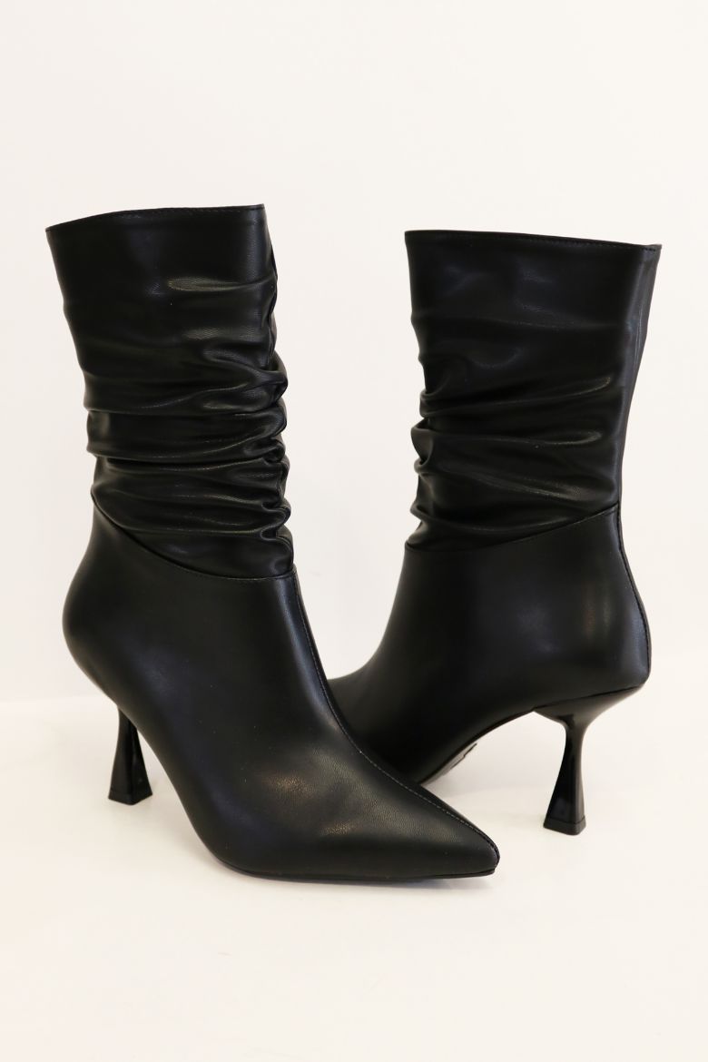 Büzgü Detaylı Sivri Burun Kadeh Topuklu Kadın Bot  SİYAH resmi